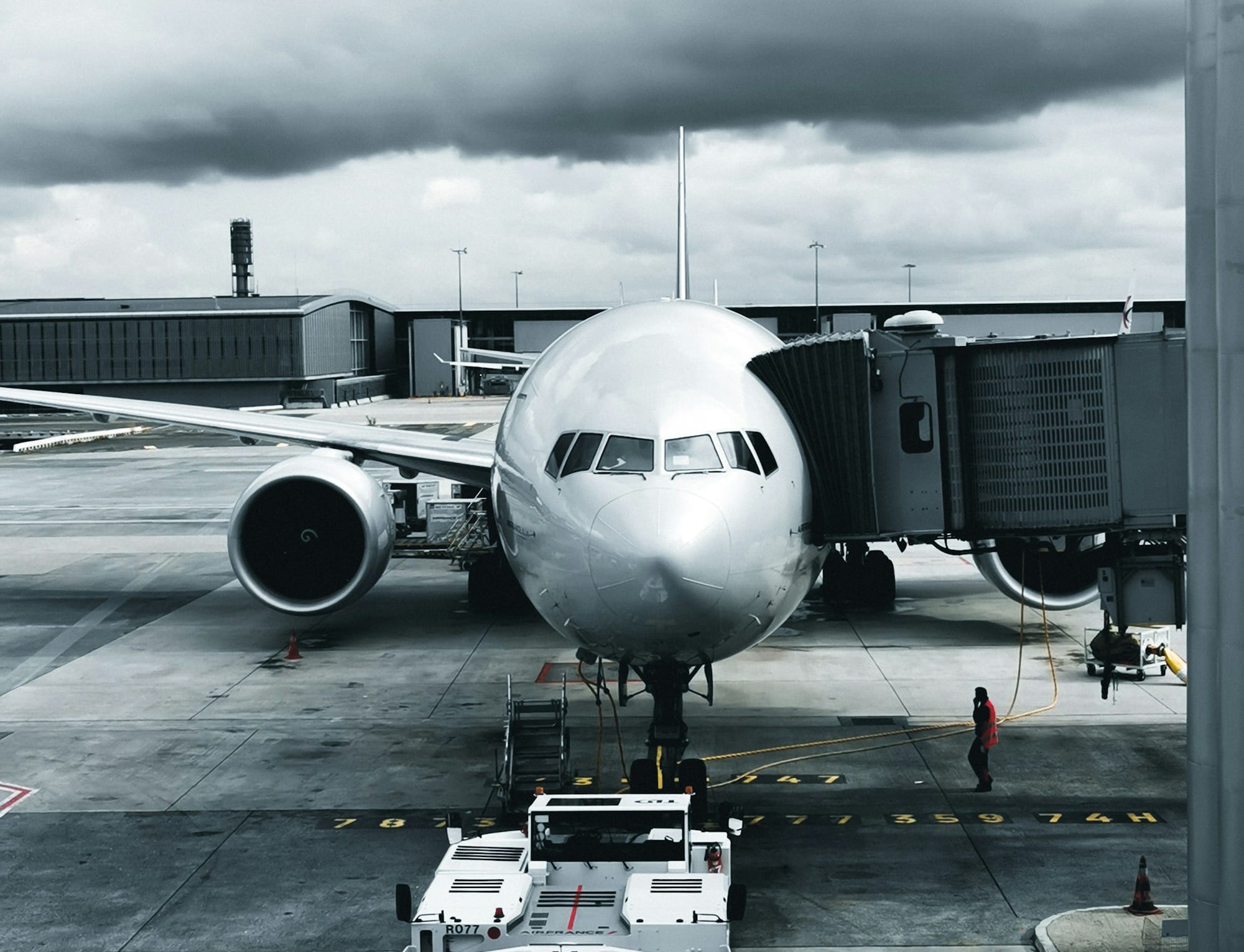 grayscale photography of passenger plane